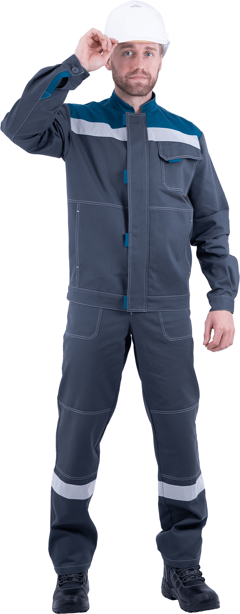 Костюм мужской РАЦИОНАЛИЗАТОР от механических воздействий и ОПЗ (куртка, полукомбинезон), серый/бирюза