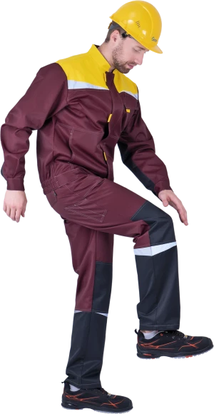 Костюм мужской КМ-10 ЛЮКС от механических воздействий и ОПЗ (куртка, полукомбинезон), бордовый/жёлтый/чёрный
