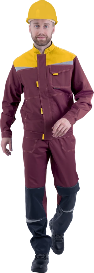 Костюм мужской КМ-10 ЛЮКС от механических воздействий и ОПЗ (куртка, полукомбинезон), бордовый/жёлтый/чёрный