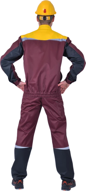 Костюм мужской КМ-10 ЛЮКС от механических воздействий и ОПЗ (куртка, полукомбинезон), бордовый/жёлтый/чёрный