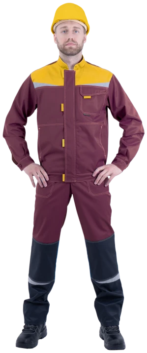 Костюм мужской КМ-10 ЛЮКС от механических воздействий и ОПЗ (куртка, полукомбинезон), бордовый/жёлтый/чёрный