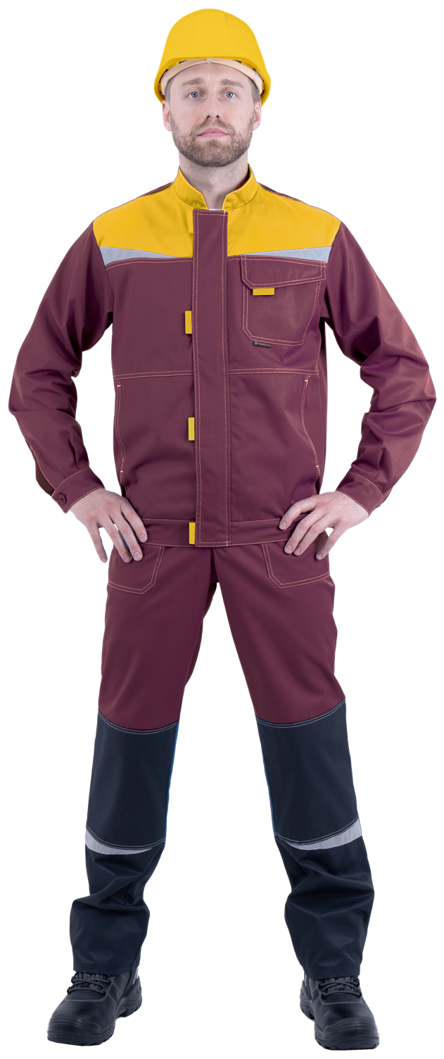 Костюм мужской КМ-10 ЛЮКС от механических воздействий и ОПЗ (куртка, полукомбинезон), бордовый/жёлтый/чёрный
