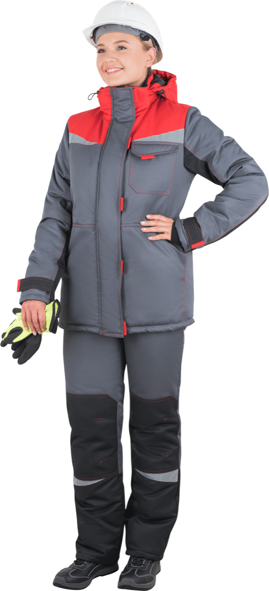 Костюм женский КМ-10 ЛЮКС  от пониженных температур воздуха, механических воздействий и ОПЗ (куртка, брюки), серый/красный/черный
