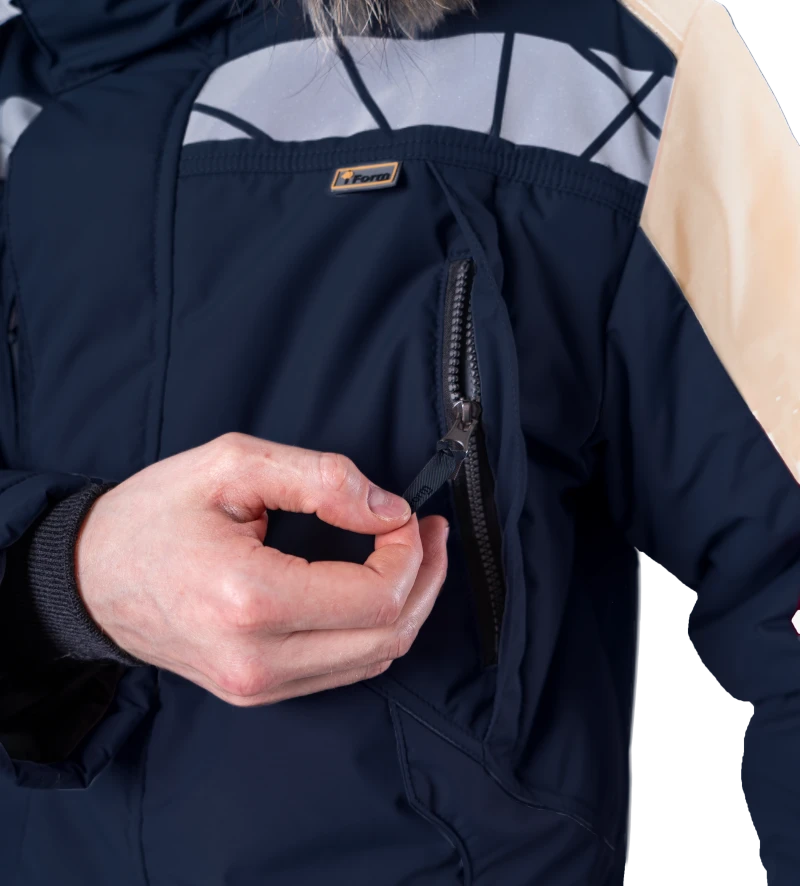 Куртка мужская ХАЙ-ТЕК SAFETY от пониженных температур воздуха и ветра, механических воздействий и ОПЗ, синий/бежевый