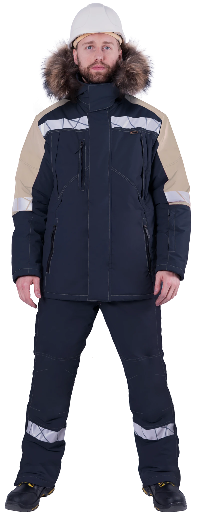 Куртка мужская ХАЙ-ТЕК SAFETY от пониженных температур воздуха и ветра, механических воздействий и ОПЗ, синий/бежевый