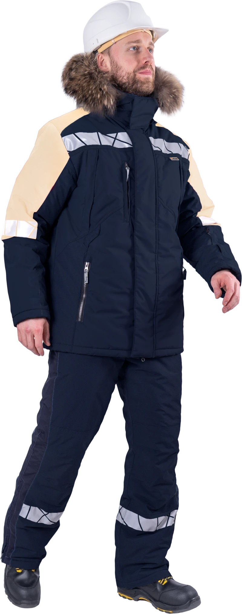 Куртка мужская ХАЙ-ТЕК SAFETY от пониженных температур воздуха и ветра, механических воздействий и ОПЗ, синий/бежевый