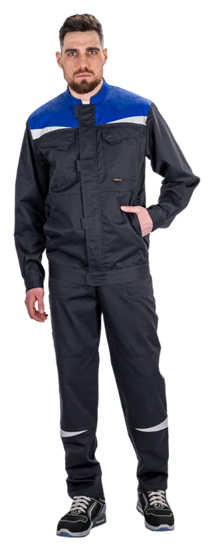 Костюм мужской КМ-10 ЛЮКС АНТИСТАТ летний для защиты от механических воздействий, статического электричества и ОПЗ (куртка, полукомбинезон), т.синий-василек Кос 1810