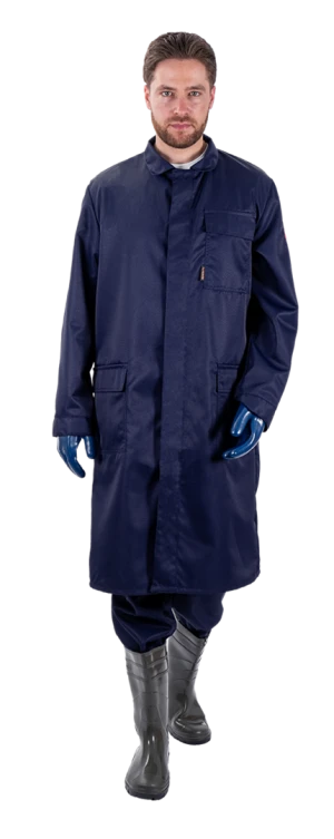 Комплект мужской от растворов кислот и щелочей, механических воздействий, (халат, брюки), темно-синий