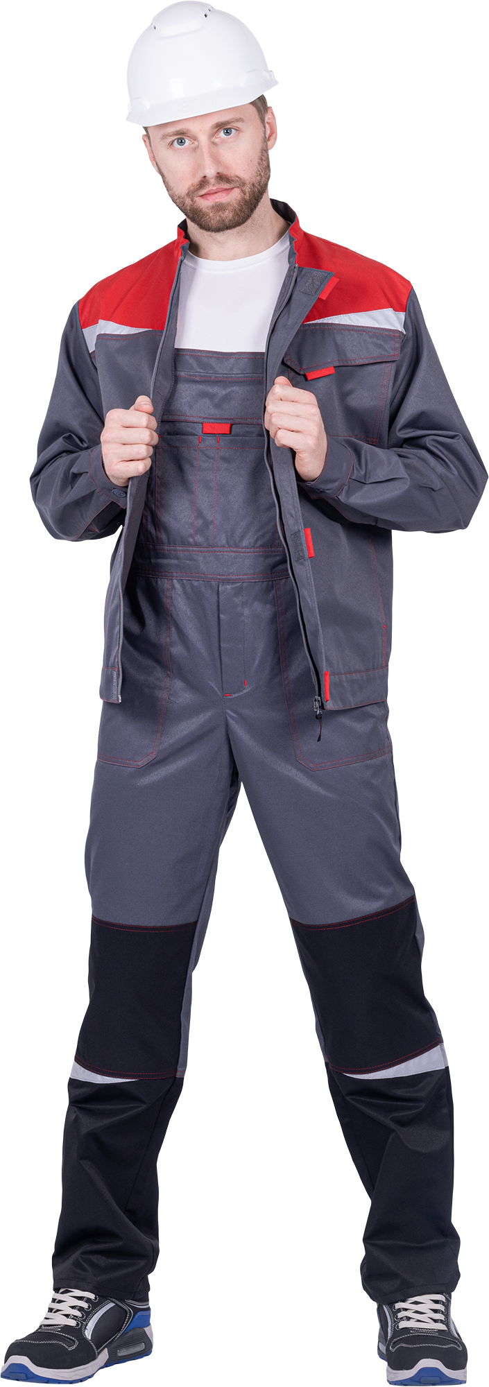 Костюм мужской КМ-10 ЛЮКС от механических воздействий и ОПЗ (куртка, полукомбинезон), серый/красный/черный Кос 594