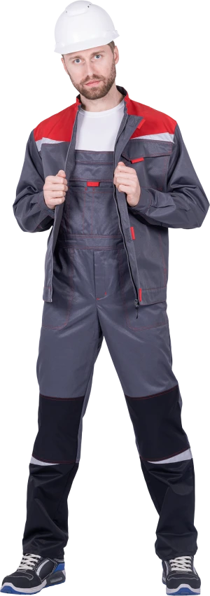 Костюм мужской КМ-10 ЛЮКС от механических воздействий и ОПЗ (куртка, полукомбинезон), серый/красный/черный Кос 594
