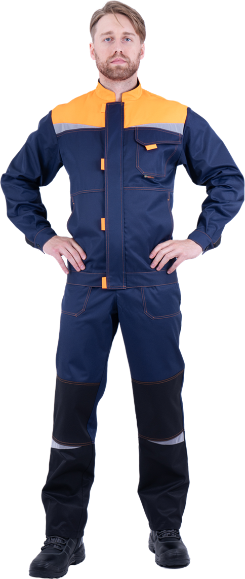 Костюм мужской КМ-10 ЛЮКС от механических воздействий и ОПЗ (куртка, полукомбинезон), темно-синий/оранжевый