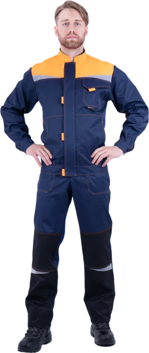 Костюм мужской КМ-10 ЛЮКС от механических воздействий и ОПЗ (куртка, полукомбинезон), темно-синий/оранжевый