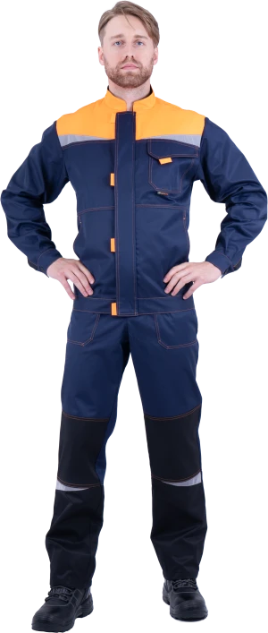 Костюм мужской КМ-10 ЛЮКС от механических воздействий и ОПЗ (куртка, полукомбинезон), темно-синий/оранжевый Кос 050