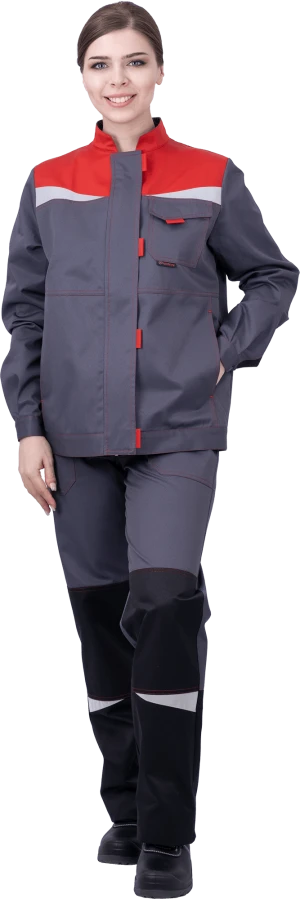 Костюм женский КМ-10 ЛЮКС от механических воздействий и ОПЗ (куртка, брюки), серый/красный/черный Кос 066