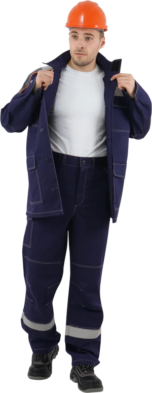 Костюм мужской МЕГАСТАТОЙЛ  от нефтепродуктов, кратковременного воздействия пламени, статического электричества, темно-синий/серый/оранж