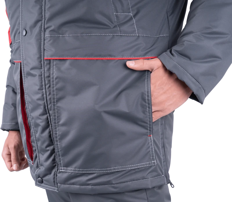 Костюм мужской ЕНИСЕЙ от пониженных температур воздуха и ветра, механических воздействий и ОПЗ (куртка, полукомбинезон), серый/красный Кос 689