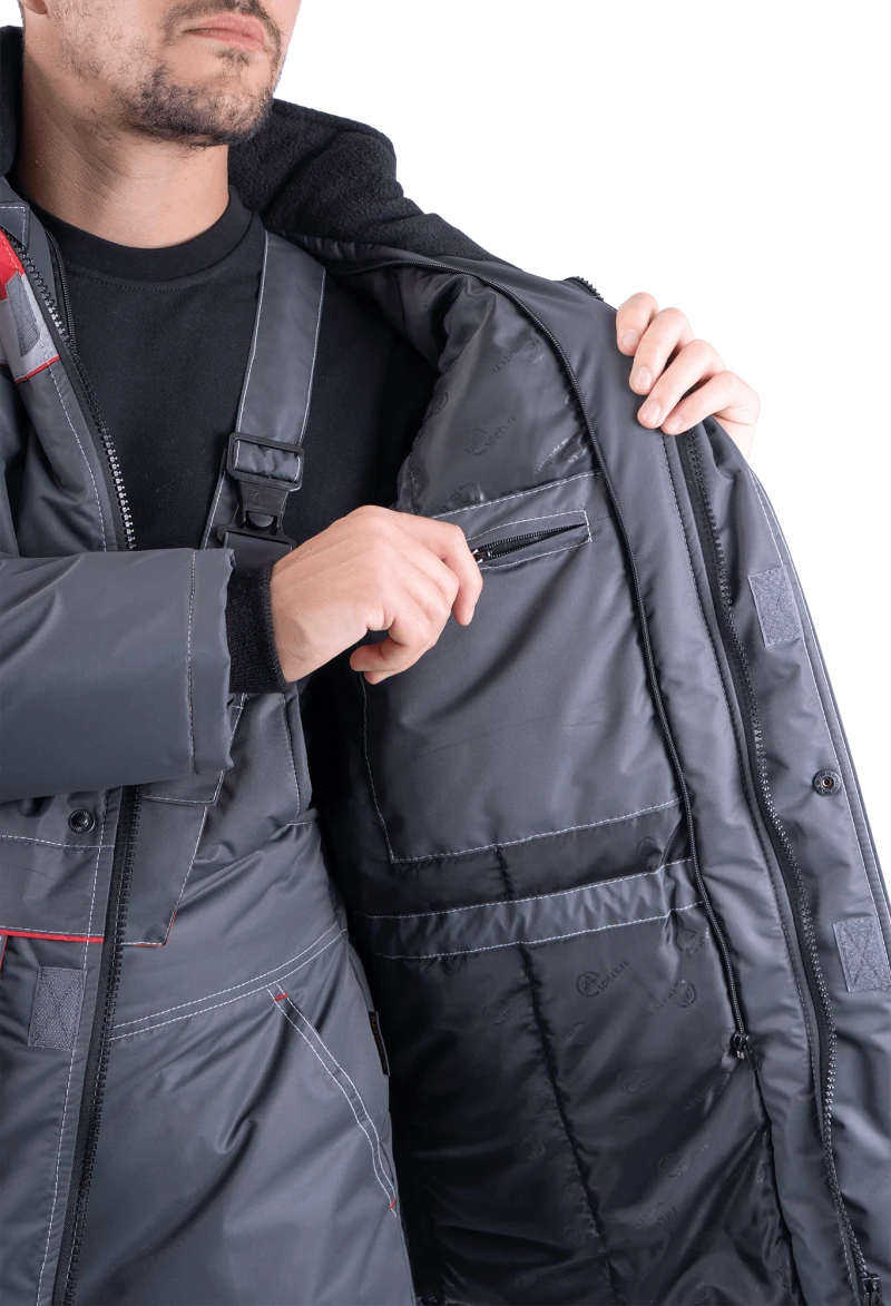 Костюм мужской ЕНИСЕЙ от пониженных температур воздуха и ветра, механических воздействий и ОПЗ (куртка, полукомбинезон), серый/красный Кос 689