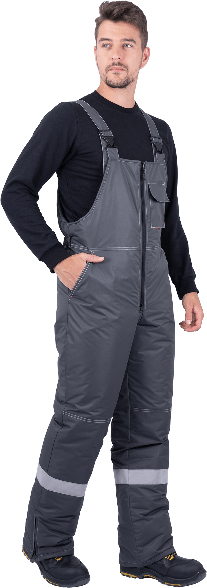 Костюм мужской ЕНИСЕЙ от пониженных температур воздуха и ветра, механических воздействий и ОПЗ (куртка, полукомбинезон), серый/красный Кос 689