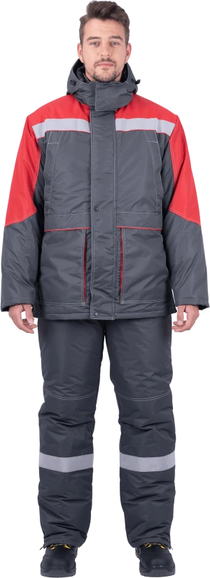 Костюм мужской ЕНИСЕЙ от пониженных температур воздуха и ветра, механических воздействий и ОПЗ (куртка, полукомбинезон), серый/красный Кос 689