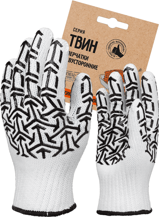Перчатки трикотажные с ПВХ "СТРЕЛА" белый/ черный, (Пер 053Я),  картонный ярлык 3.7115.053