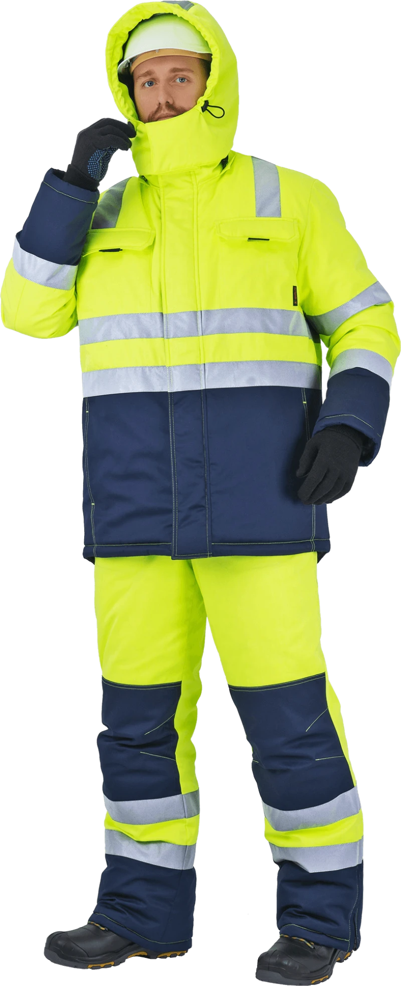 Костюм мужской РЕФЛЕКТ-1 сигнальный, от пониженных температур воздуха и ветра, механических воздействий и ОПЗ (куртка, полукомбинезон),  флуоресцентный желтый/синий Кос 756