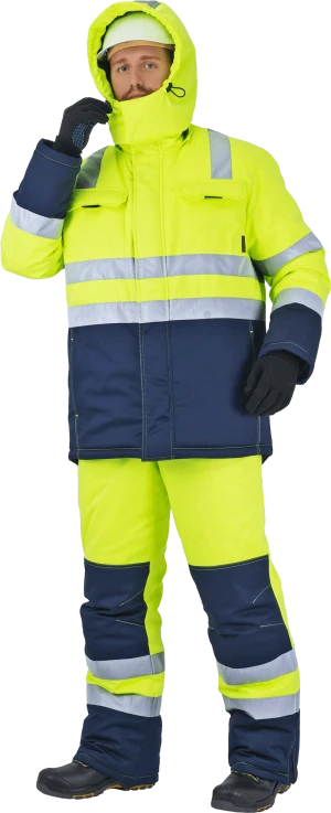 Костюм мужской РЕФЛЕКТ-1 сигнальный, от пониженных температур воздуха и ветра, механических воздействий и ОПЗ (куртка, полукомбинезон),  флуоресцентный желтый/синий Кос 756