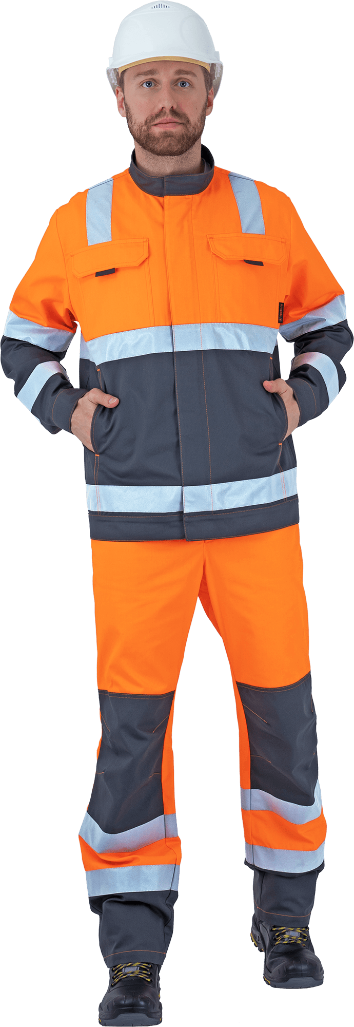 Костюм мужской РЕФЛЕКТ-2 сигнальный, от механических воздействий и ОПЗ (куртка, полукомбинезон), флуоресцентный оранжевый/серый Кос 752
