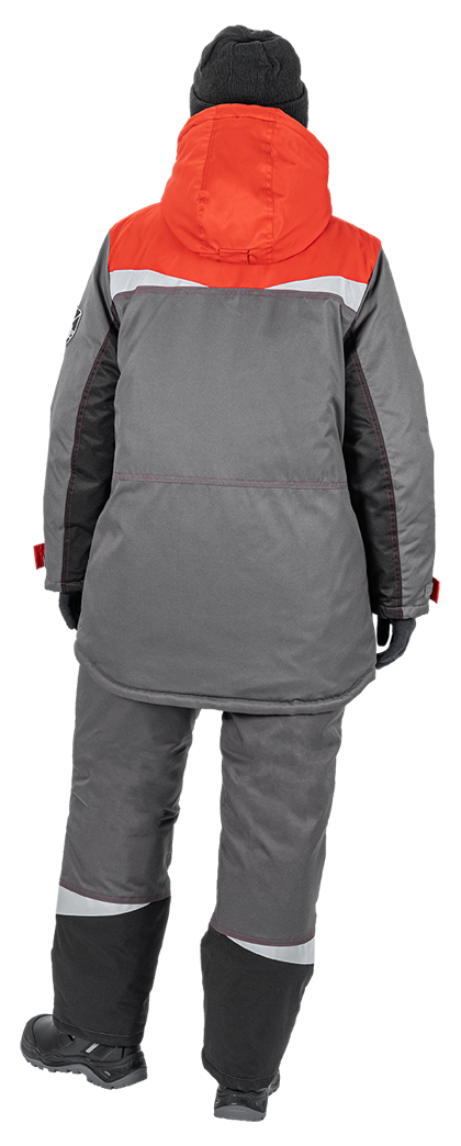Костюм женский КМ-10 ЛЮКС от пониженных температур воздуха и ветра, механических воздействий и ОПЗ (куртка, брюки), серый/красный/черный
