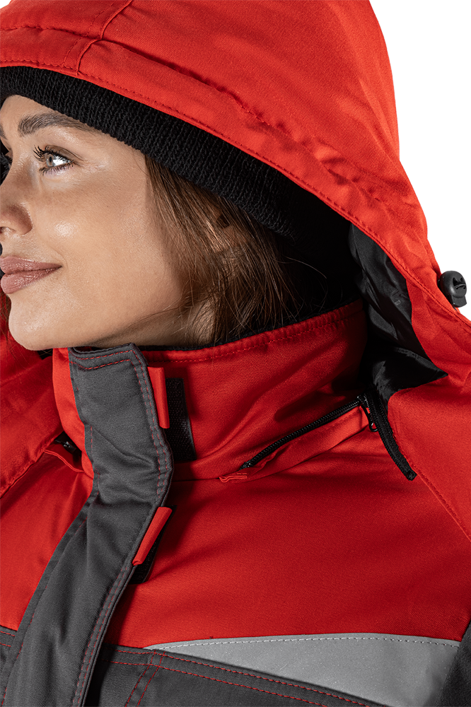 Костюм женский КМ-10 ЛЮКС от пониженных температур воздуха и ветра, механических воздействий и ОПЗ (куртка, брюки), серый/красный/черный