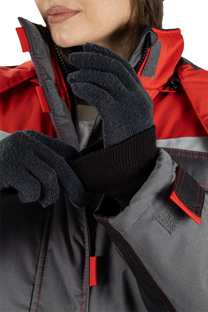 Костюм женский КМ-10 ЛЮКС от пониженных температур воздуха и ветра, механических воздействий и ОПЗ (куртка, брюки), серый/красный/черный