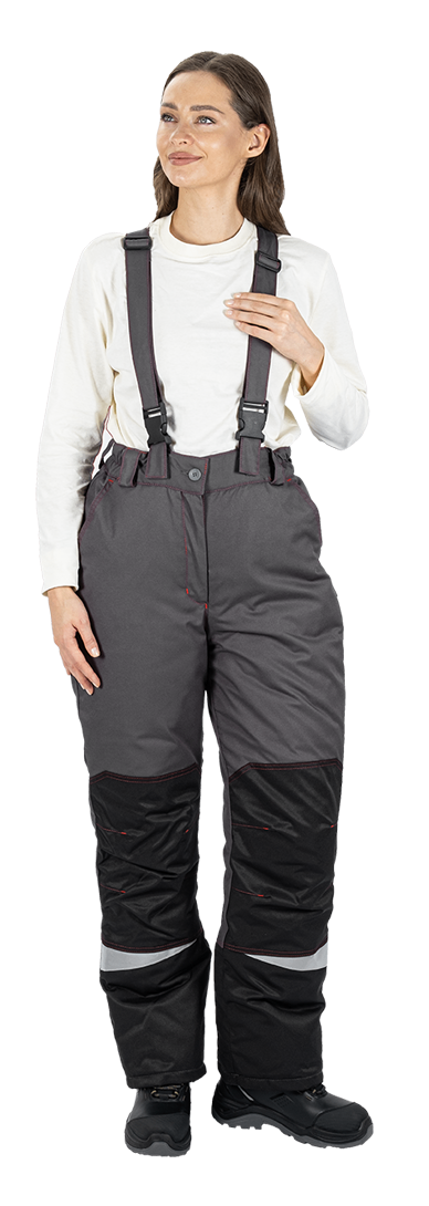 Костюм женский КМ-10 ЛЮКС от пониженных температур воздуха и ветра, механических воздействий и ОПЗ (куртка, брюки), серый/красный/черный