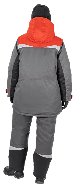 Костюм женский КМ-10 ЛЮКС от пониженных температур воздуха и ветра, механических воздействий и ОПЗ (куртка, брюки), серый/красный/черный