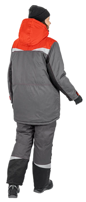 Костюм женский КМ-10 ЛЮКС от пониженных температур воздуха и ветра, механических воздействий и ОПЗ (куртка, брюки), серый/красный/черный