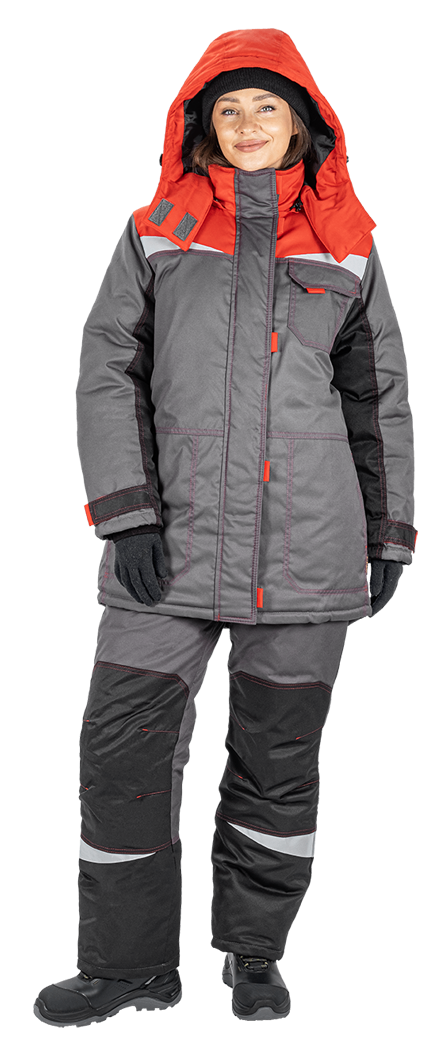 Костюм женский КМ-10 ЛЮКС от пониженных температур воздуха и ветра, механических воздействий и ОПЗ (куртка, брюки), серый/красный/черный