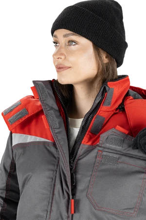 Костюм женский КМ-10 ЛЮКС от пониженных температур воздуха и ветра, механических воздействий и ОПЗ (куртка, брюки), серый/красный/черный