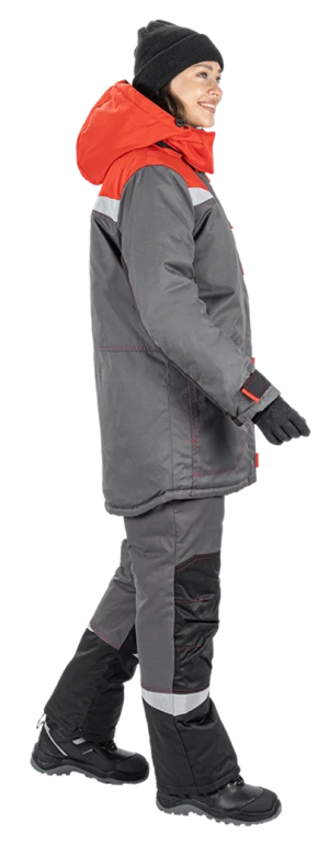 Костюм женский КМ-10 ЛЮКС от пониженных температур воздуха и ветра, механических воздействий и ОПЗ (куртка, брюки), серый/красный/черный