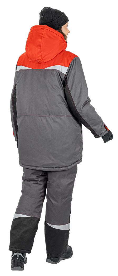 Костюм женский КМ-10 ЛЮКС от пониженных температур воздуха и ветра, механических воздействий и ОПЗ (куртка, брюки), серый/красный/черный