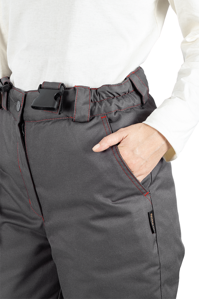 Костюм женский КМ-10 ЛЮКС от пониженных температур воздуха и ветра, механических воздействий и ОПЗ (куртка, брюки), серый/красный/черный