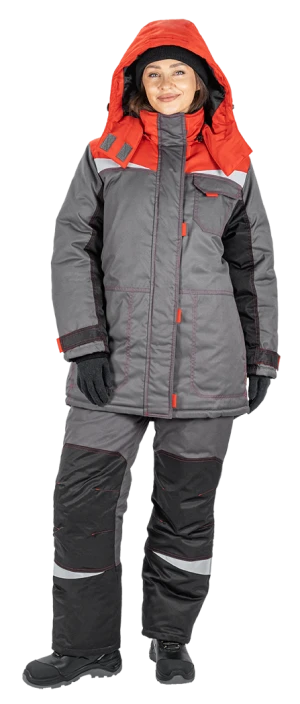 Костюм женский КМ-10 ЛЮКС от пониженных температур воздуха и ветра, механических воздействий и ОПЗ (куртка, брюки), серый/красный/черный