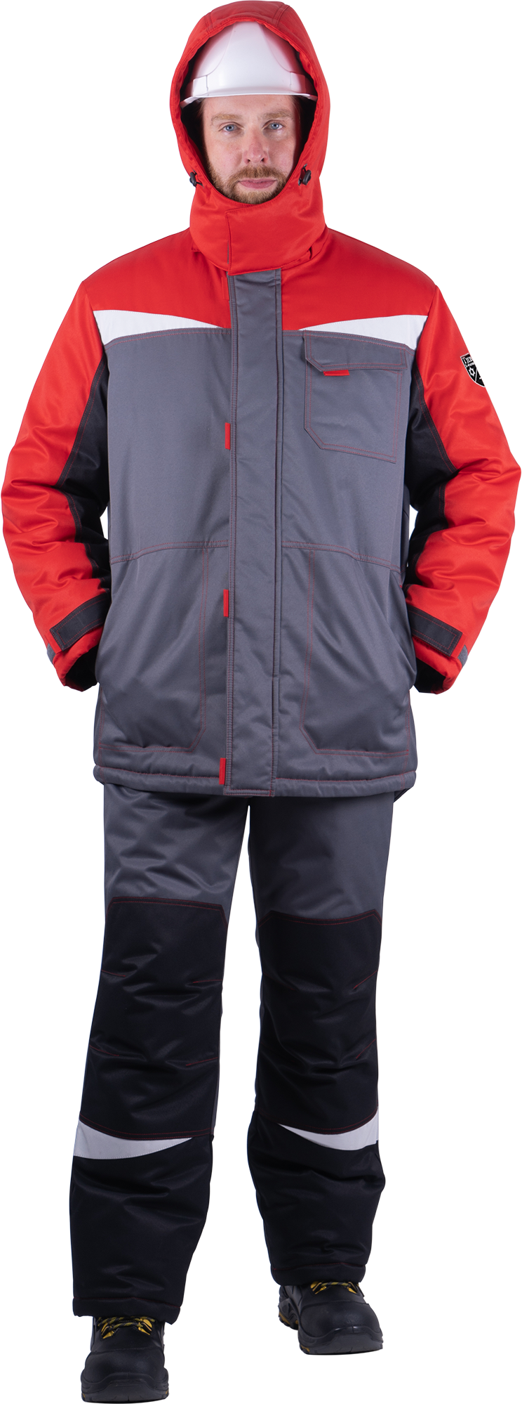 Костюм мужской КМ-10 ЛЮКС от пониженных температур воздуха и ветра, механических воздействий и ОПЗ (куртка, полукомбинезон), серый/красный/чёрный Кос 212