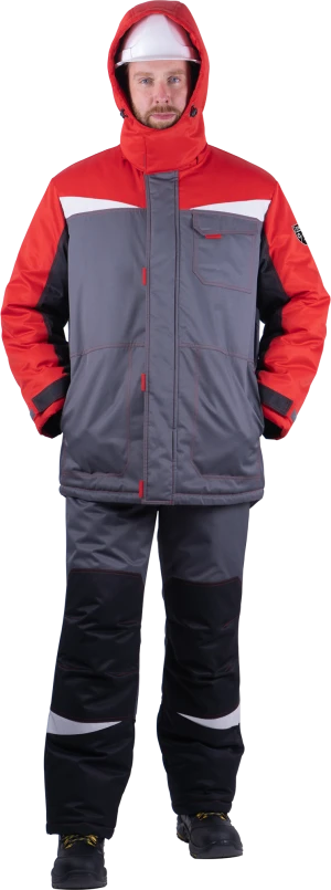 Костюм мужской КМ-10 ЛЮКС от пониженных температур воздуха и ветра, механических воздействий и ОПЗ (куртка, полукомбинезон), серый/красный/чёрный