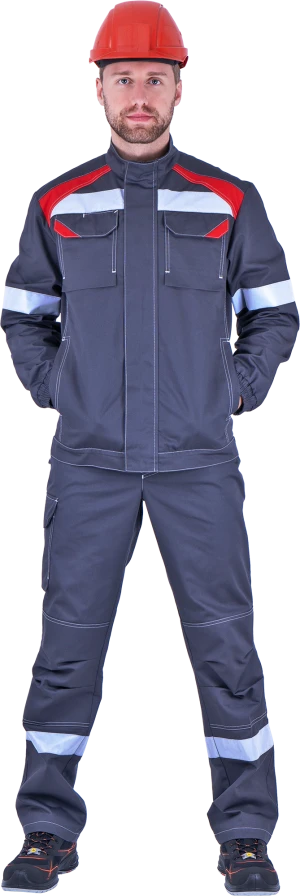 Костюм мужской СТАРАТЕЛЬ от механических воздействий и ОПЗ (куртка, брюки), серый/красный Кос 555.1
