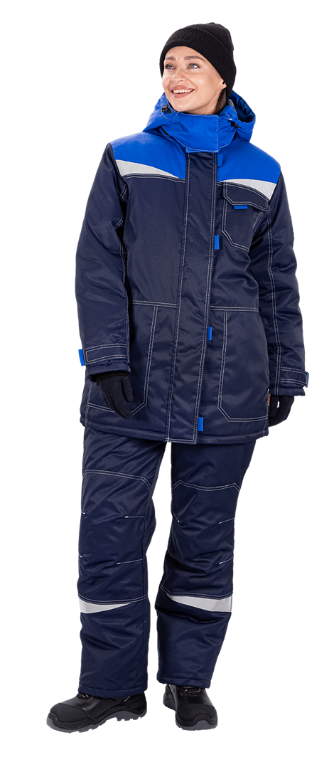 Костюм женский КМ-10 ЛЮКС от пониженных температур воздуха и ветра, механических воздействий и ОПЗ (куртка, брюки), синий/василек