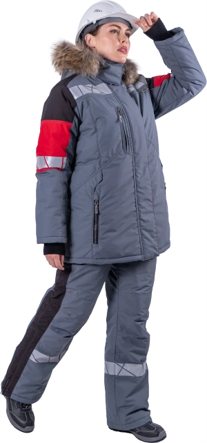 Куртка женская ХАЙ-ТЕК SAFETY от пониженных температур воздуха и ветра, механических воздействий и ОПЗ, серый/красный/черный Кур 237