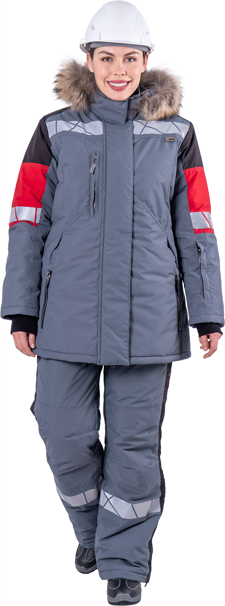 Куртка женская ХАЙ-ТЕК SAFETY от пониженных температур воздуха и ветра, механических воздействий и ОПЗ, серый/красный/черный Кур 237