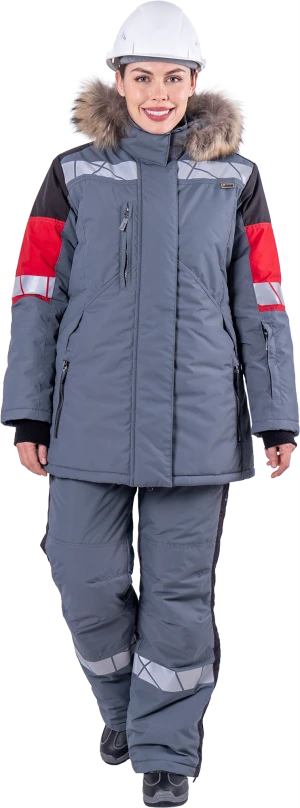 Куртка женская ХАЙ-ТЕК SAFETY от пониженных температур воздуха и ветра, механических воздействий и ОПЗ, серый/красный/черный Кур 237