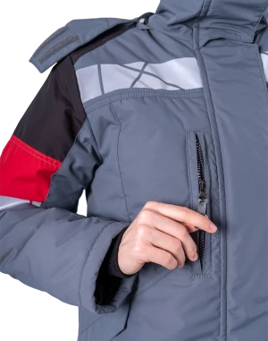 Куртка женская ХАЙ-ТЕК SAFETY от пониженных температур воздуха и ветра, механических воздействий и ОПЗ, серый/красный/черный Кур 237