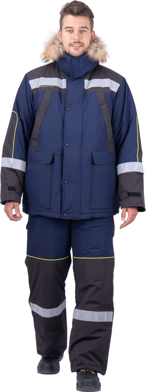 Костюм мужской  УРАГАН-УЛЬТРА от пониженных температур воздуха и ветра, механических воздействий и ОПЗ, темно-синий/черный Кос 681