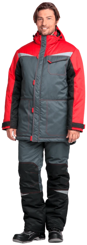 Костюм мужской КМ-10 ЛЮКС от пониженных температур воздуха, механических воздействий и ОПЗ, серый/чёрный/красный Кос 465